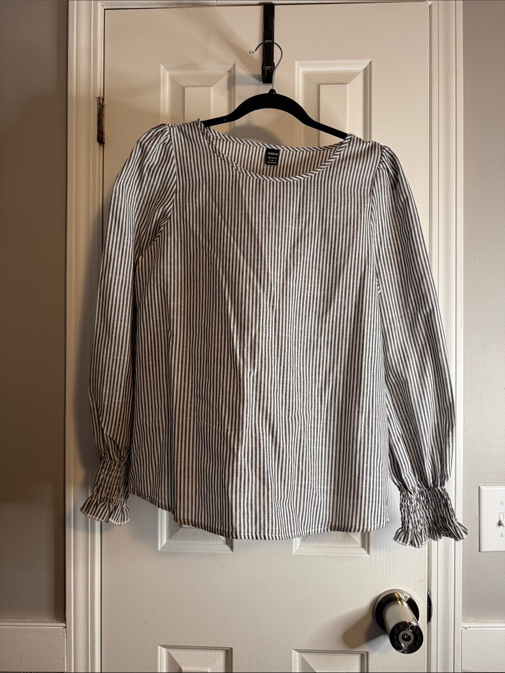 SHEIN Black and White Striped Long-Sleeve Blouse (23) - Picture 1 of 7